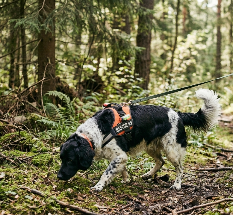 Een hond met de neus aan de grond, bezig met speuren over het veld.